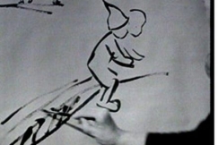 Kuva: Kylli-täti piirtää Teppo-poikaa, joka ratsastaa sulalla. YLE kuvanauha.