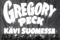 Kuva: Iso kuva: uutisfilmin tunnus. Pieni kuva: Gregory Peck ja Ansa Ikonen. (1953)YLE kuvanauha.
