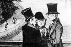 Kuva: Johan Vilhelm Snellman Tukholmassa
kahden kirjailijan,
August Blanchen ja
C H Mellinin välissä.
Yksityiskohta
Ferdinand Tollinin
litografiasta 1840-luvulta