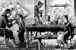 Kuva: Katajanokan koulun 
opettaja Granberg 
nuhtelee oppilasta 
luokkahuoneessa, 1850.
Piirros