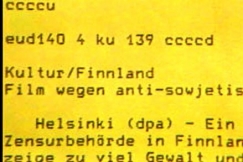 Kuva: Saksankielinen uutissähke Born American -elokuvan kieltämisestä Suomessa. (1986) YLE kuvanauha.