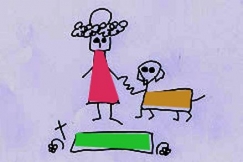 Kuva: Piirros, jossa nainen ja koira katsovat hautaa. Piirros: Seija Aunila, väritys: Paavo Rytsä. 21.8.2008.