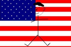 Kuva: Yhdysvaltain lippu ja tikku-ukko. Piirros: Tsuua Kekäle