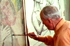 Kuva: Lennart Segerstråle maalaa freskoa (1973). YLE kuvanauha.