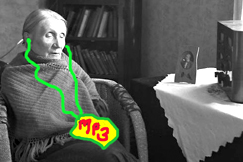 Kuva: Vanha nainen kuuntelee mp3-soitinta kuulokkeet korvillaan. piirros: Seija Aunila. 