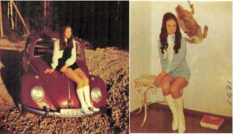 Olin nuorena intohimoinen miniin pukeutuja ja mikrot olivat jossain 
vaiheessa kovasti tykätyt. Molemmat kuvat vuodelta 1971, jolloin olin jo parikymppinen. Toisessa kuvassa istun nuoruuden poikakaverini kuplan konepellillä ja minulla on ostettu mikroasu. Toinen kuva otettu Juhannuksena, ylläni ompelijalla teetetty kokohaalariasu. Molemmissa kuvissa tietysti silloin kesään kuuluvat pitkävartiset saapikkaat. Silloin tyyliin kuului myös peruukin käyttö, tuli hankkia pitkä peruukki ja aidoista hiuksista valmistettu. - Leena