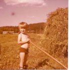 Toni Jackman heinätöissä: "Olen kotimaatalon heinätöissä maaseudulla etelä-suomessa vuonna 1978. Heinähanko miestä myöten."