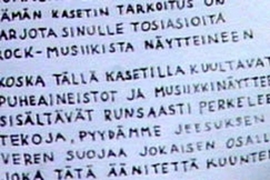 Kuva: Helluntainuorten rockmusiikkia vastustavan nikasetin tekstiliite. (1986) YLE kuvanauha.