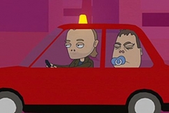 Kuva: Pysti taksissa, Phil Collins taksikuskina. YLE kuvanauha. 