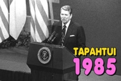 Kuva: Presidentti Ronald Reagan puhuu Finlandia-talossa (1988). Kalle Kultala.